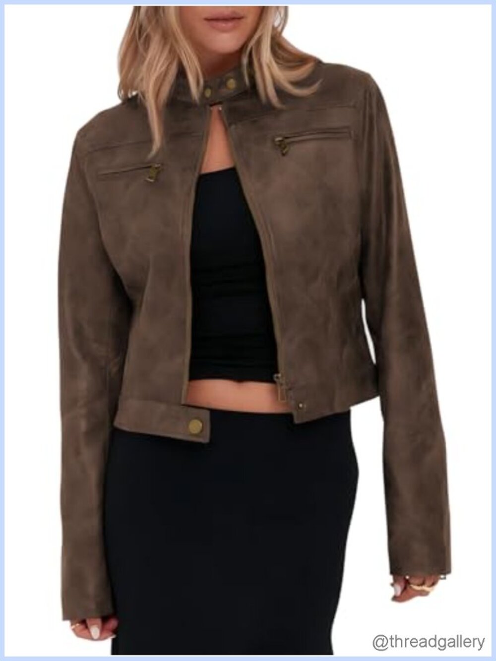 Women's Faux Leather Cropped Motorcycle Jacket Casual Vintage Zip Up Stand